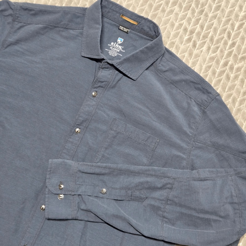 Kuhl Stoke Men XL Blue Grey Tapered Fit 5-Panel Sleeve Button Down Shirt Hiking